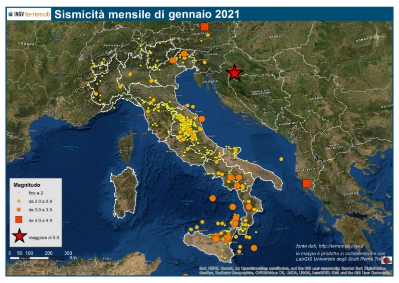 Le mappe mensili della sismicità, gennaio 2021